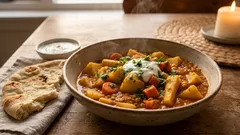 Spicy root and lentil casserole for a cozy, high-fiber weeknight dinner